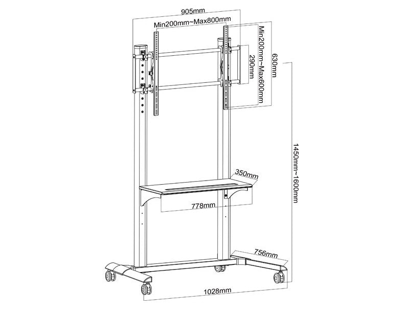Supporto TV mobile fino a 100 pollici – Ad alta capacità di carico | Wolff Mount | VESA 800x600 | 80 KG