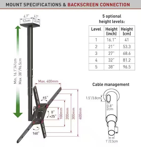 Barkan Supporto da Soffitto Nero 29 - 65 pollici | Massima regolabilità | Ruotabile e inclinabile | VESA 400x400