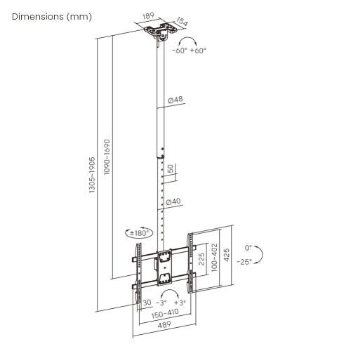 Wolff Mount Supporto universale da soffitto per TV – da 32 a 55 pollici – girevole e inclinabile – anche per soffitti inclinati